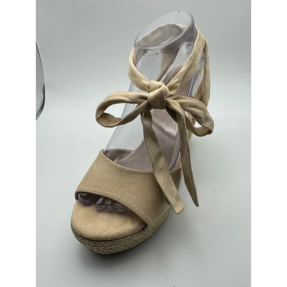 ZBY Womens Tan Faux Suede Lace Up Espadrille Wedge Sandals Size 8 Open Toe Boho